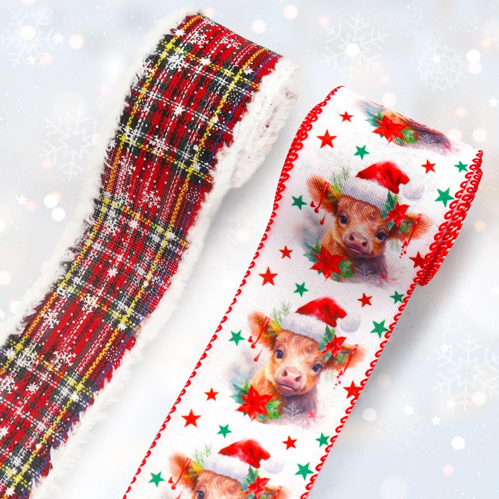 On-Airstore 2 Rolls Christmas Fabric Ribbons 5 Yards Calf Star Plaids Fluffy Ribbons Xmas Burlap Linen Decor Ribbon for New Year Party Gift Wrapping Indoor Outdoor Craft Hanging Decoration Supplies