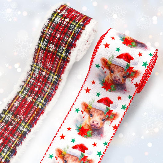 On-Airstore 2 Rolls Christmas Fabric Ribbons 5 Yards Calf Star Plaids Fluffy Ribbons Xmas Burlap Linen Decor Ribbon for New Year Party Gift Wrapping Indoor Outdoor Craft Hanging Decoration Supplies