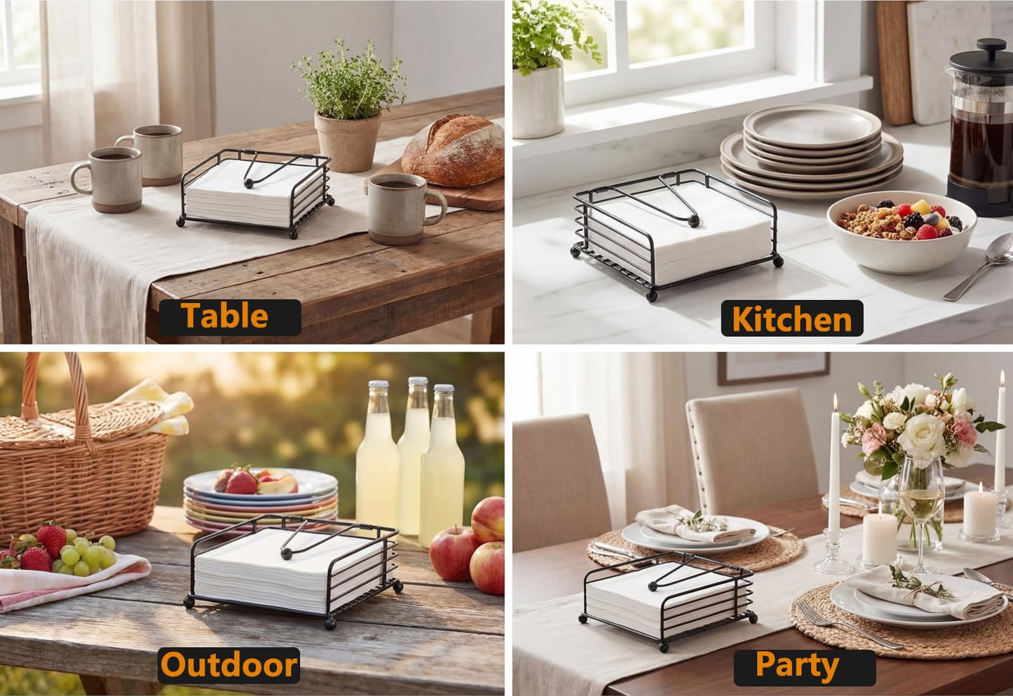 hiwafifi Napkin Holder for Table, Flat Napkin Dispenser with Weighted Arm, Square Cocktail Paper Holder of Elegant Rustic Iron for Kitchen Dining Room Decor Restaurant Farmhouse Hotel Party, Black