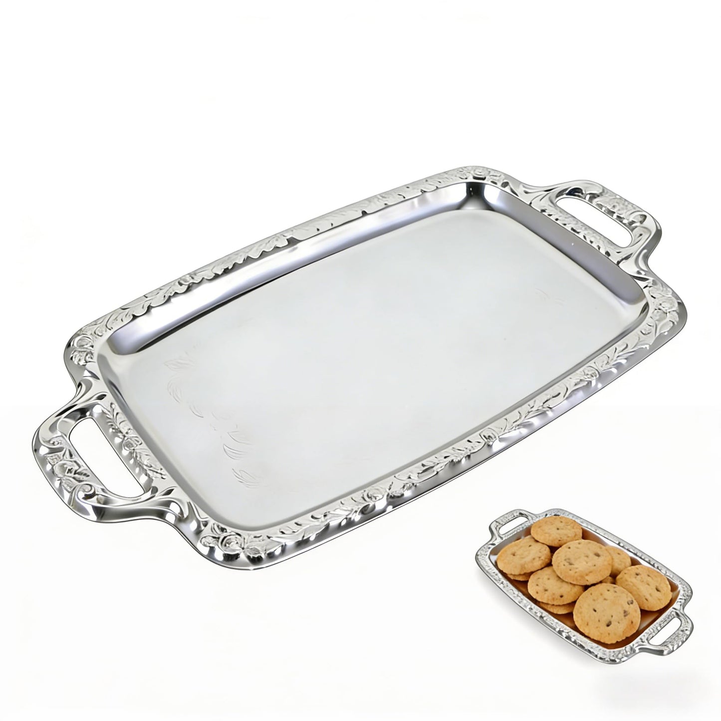Rectangular Silver Serving Tray, Vintage Metal Tray for Whiskey Decanter Candlesticks Vanity Perfume and Snack Bread Breakfast Fruit Serving Dish