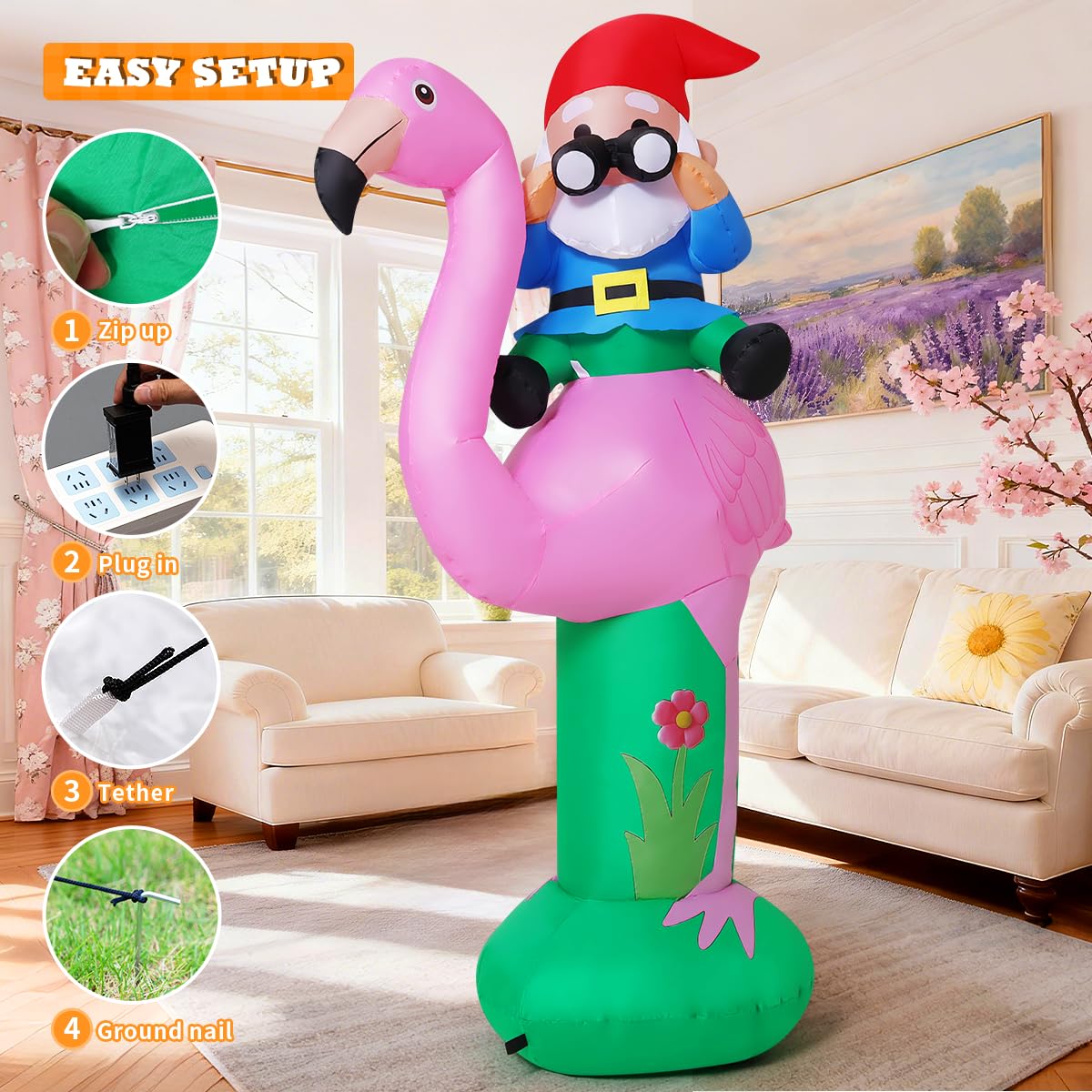 GOOSH 6 FT Spring Summer Inflatable Flamingo Outdoor Decoration Blow Up Yard with Gnomes Built-in LEDs for Indoor Hawaiian Party Garden Lawn Decor