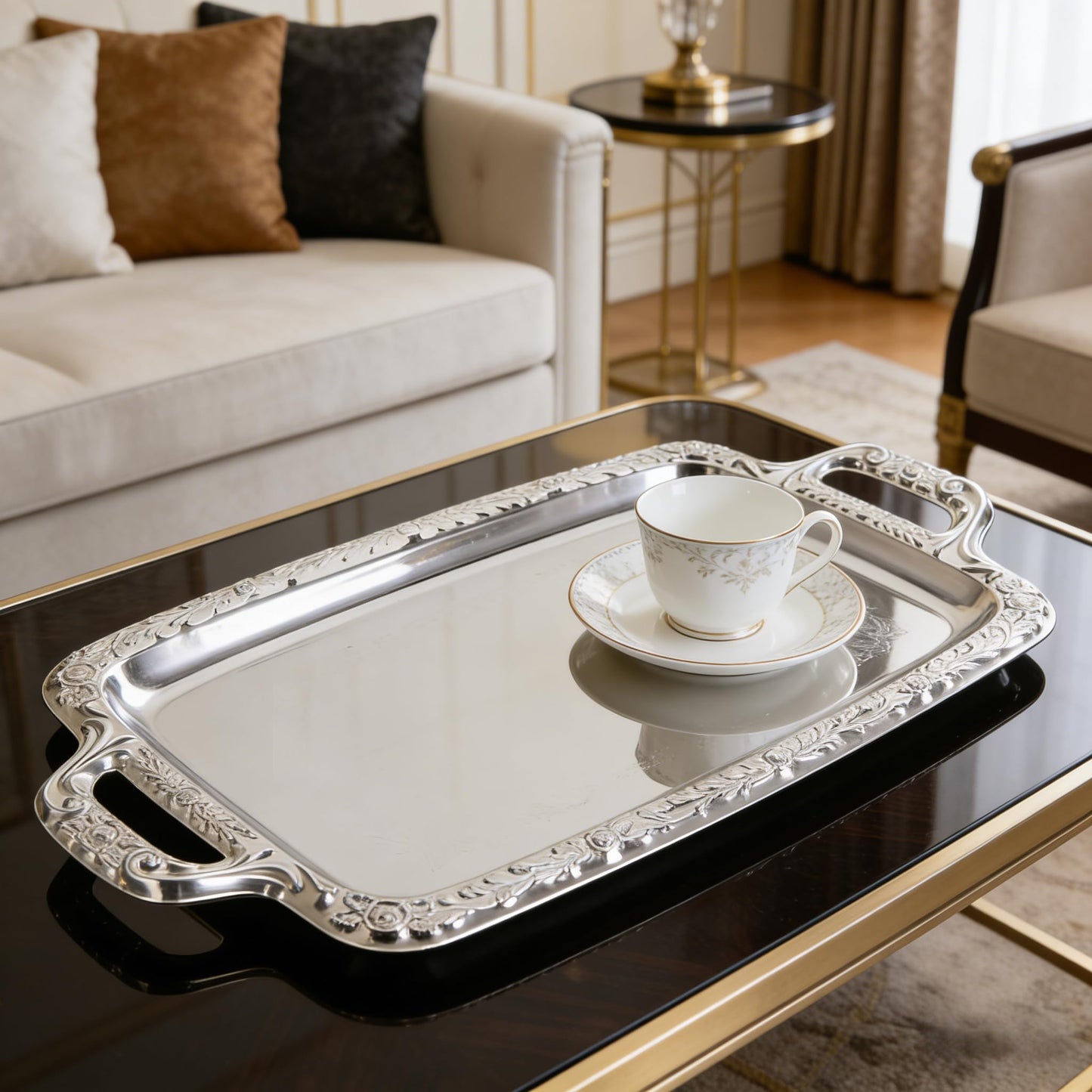 Rectangular Silver Serving Tray, Vintage Metal Tray for Whiskey Decanter Candlesticks Vanity Perfume and Snack Bread Breakfast Fruit Serving Dish