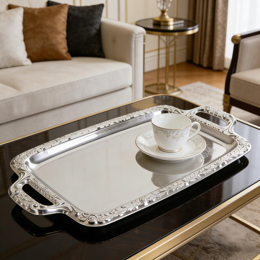 Rectangular Silver Serving Tray, Vintage Metal Tray for Whiskey Decanter Candlesticks Vanity Perfume and Snack Bread Breakfast Fruit Serving Dish