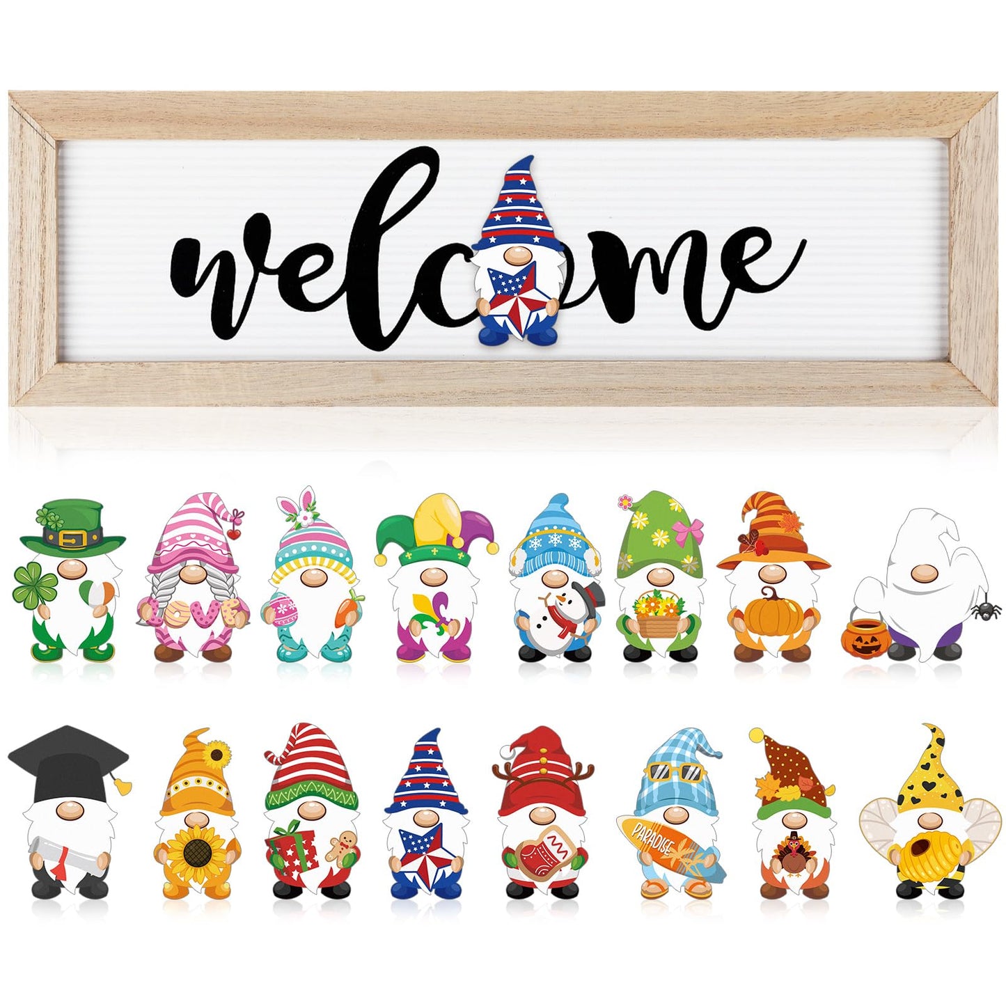 Bucherry Interchangeable Welcome Seasonal Tabletop Sign with 16 Pcs Seasonal Gnome Magnet Icons Holiday Christmas Wooden Horizontal Plaque Hanging Wall Sign Gift for All Seasons Counter Table