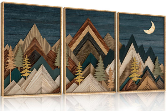 Mountain Woodcut Nature Framed Canvas Wall Art Set,Vintage Pine Tree Wall Decor, Country Wilderness Forest Wall Painting,Modern Navy blue Art Prints for Living Room,Bedroom,Farmhouse - 24"x36"x3