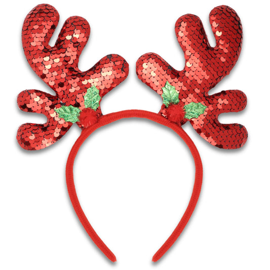 Needzo Color Changing Sequin Christmas Antler Headband, Reversible Red and Silver Sequins with Mistletoe, Festive Holiday Party Accessory, One Size Fits Most