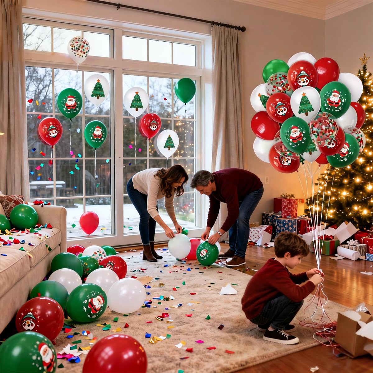 LAOREI Christmas Party Balloons Decorations 60PCS,12 Inch white Red Green Santa Claus Confetti Balloons for Kids Christmas Birthday Bachelorette, Santa, Snowman Party Decorations
