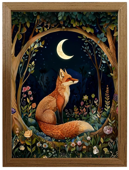 Framed Cottagecore Fox Wall Art 8x10 Inch, Wooden Frame Canvas Print with Stand & Hanging Kit, Vintage Moonlit Forest Animal Botanical Decor for Bedroom Living Room Nursery