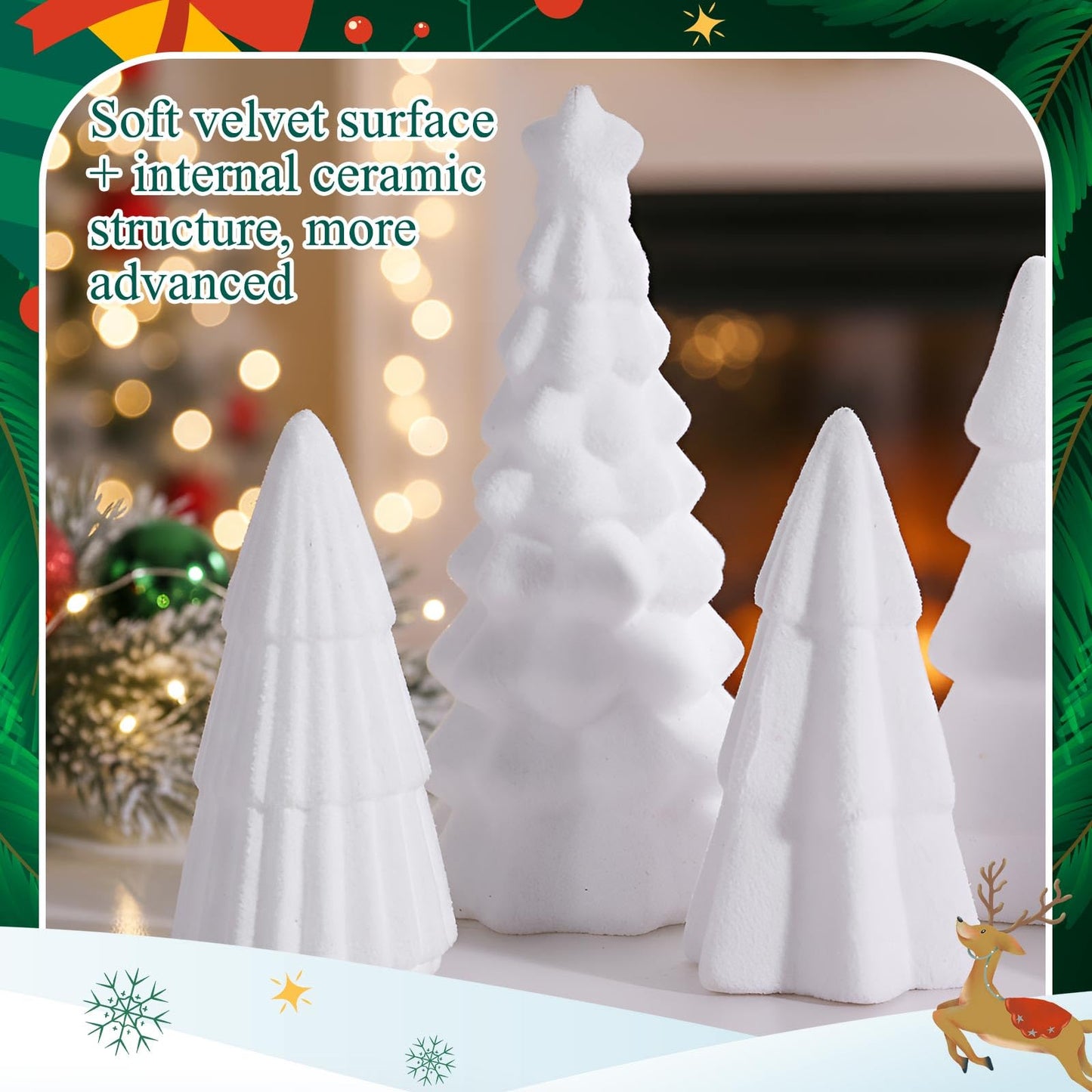 Bucherry 6 Pcs Christmas Ceramics Velvet Trees Set Christmas Table Decorations 3 Sizes Velvet Xmas Tree for Winter Holiday Table Centerpiece Decorations Mantel Decor Xmas Gifts(White)