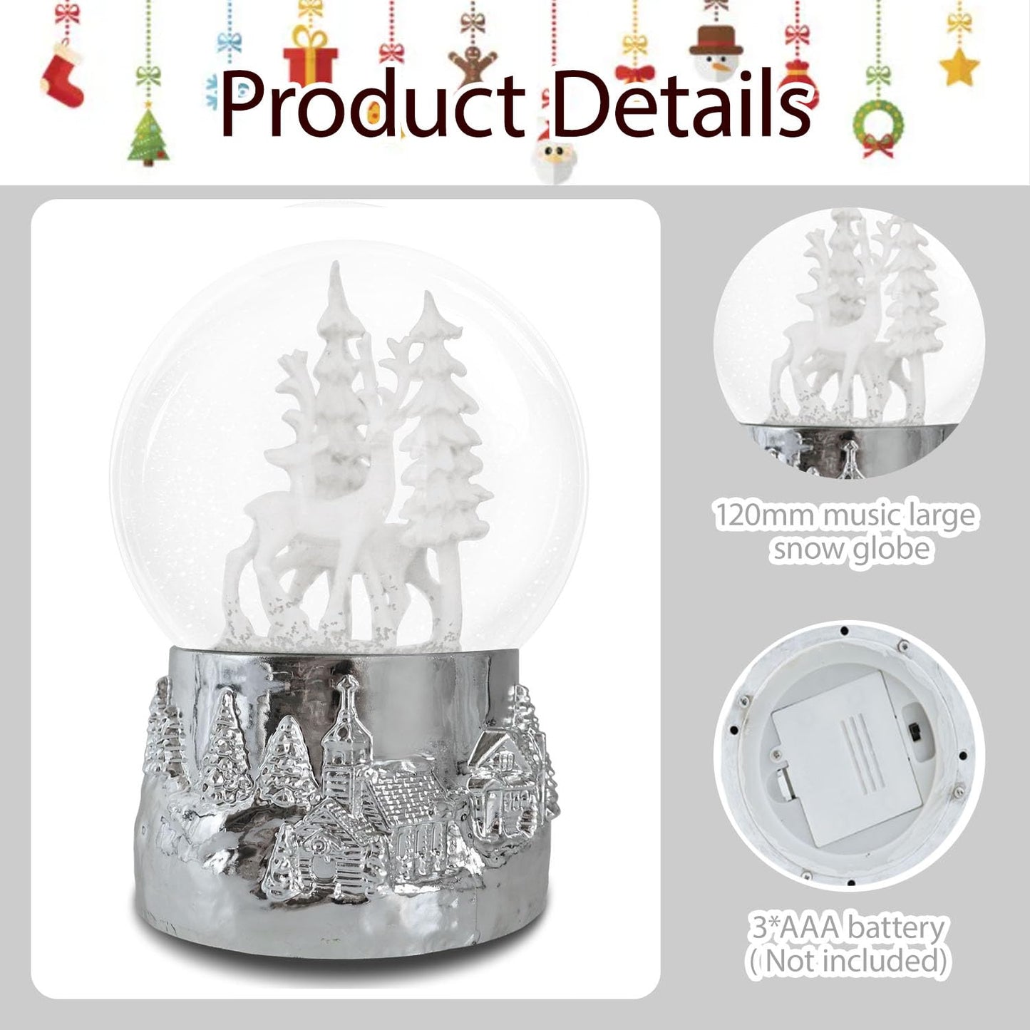 Hpoeude Winter White Deer Musical Christmas Snow Globe LED Light Up,120MM Snowflakes, 6.7Inch Height Water Globe, Festive Christmas Decor, Ideal Gift for Women and Adult.