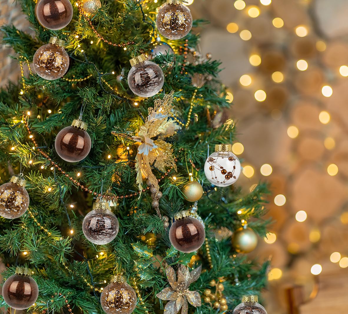 Briful 50mm/1.97" Shatterproof Clear Plastic Christmas Ball Ornaments Decorative Transparent Xmas Balls Baubles Set with Stuffed Delicate Decor Hanging Christmas Tree Ornaments(24 Counts, Brown)