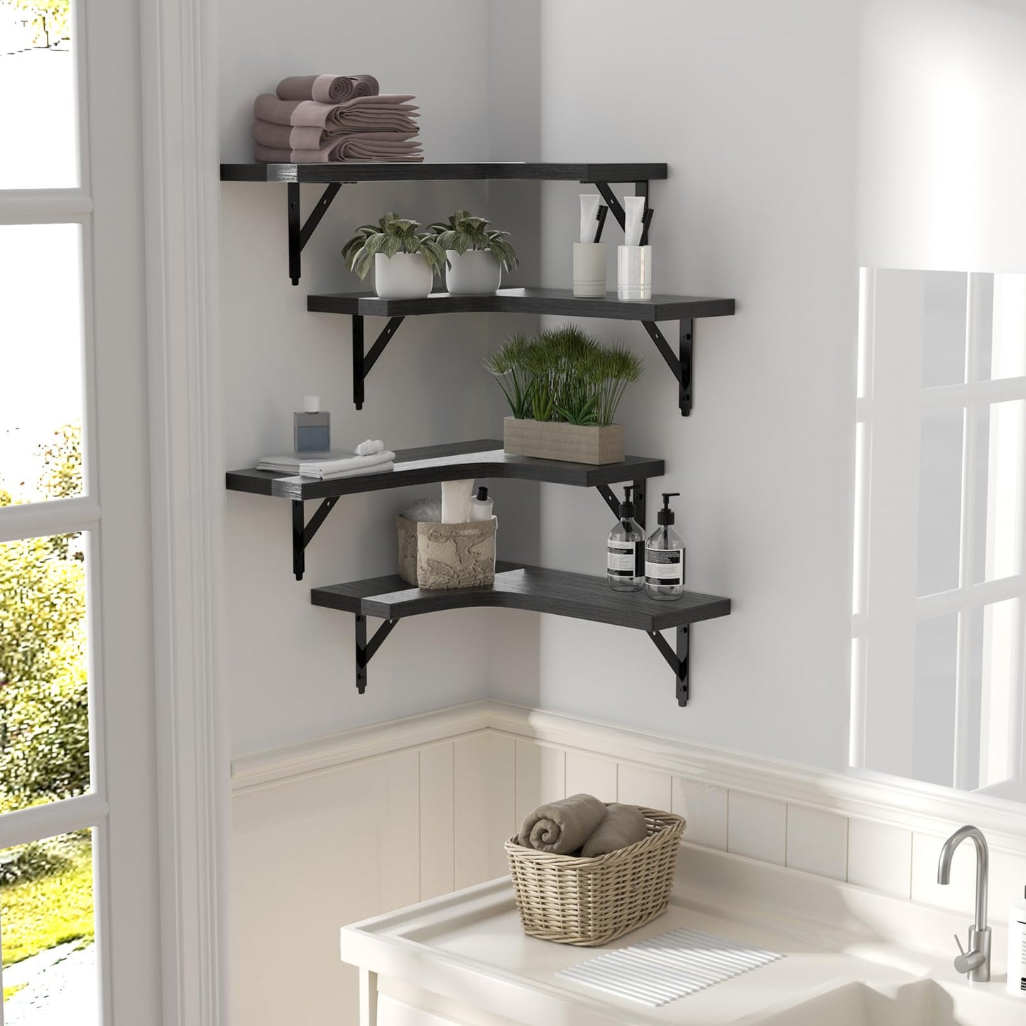 ROMGUAR CRAFT Corner Floating Shelves Wall Mounted Set of 4, Rustic Wood Storage Display Shelves for Home Decor, Bathroom, Kitchen, Bedroom, Living Room, Office (Black)