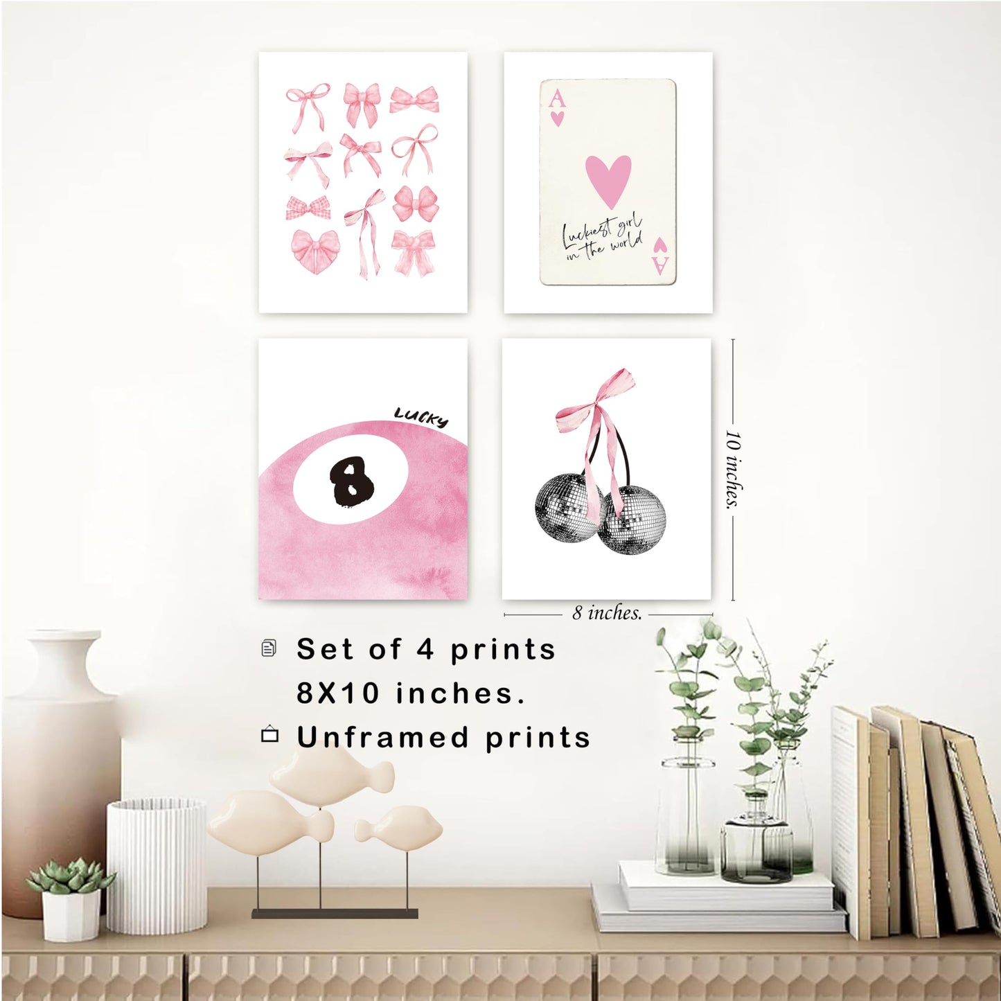 okaxscm Pink Coquette Trendy Preppy Wall Art Prints Set of 4, Coquette Room Decor, Preppy Room Decor Aesthetic, Pink Bow Disco 8 Ball Cherry Wall Decor Posters for Girls Bedroom Dorm, 8x10 Unframed