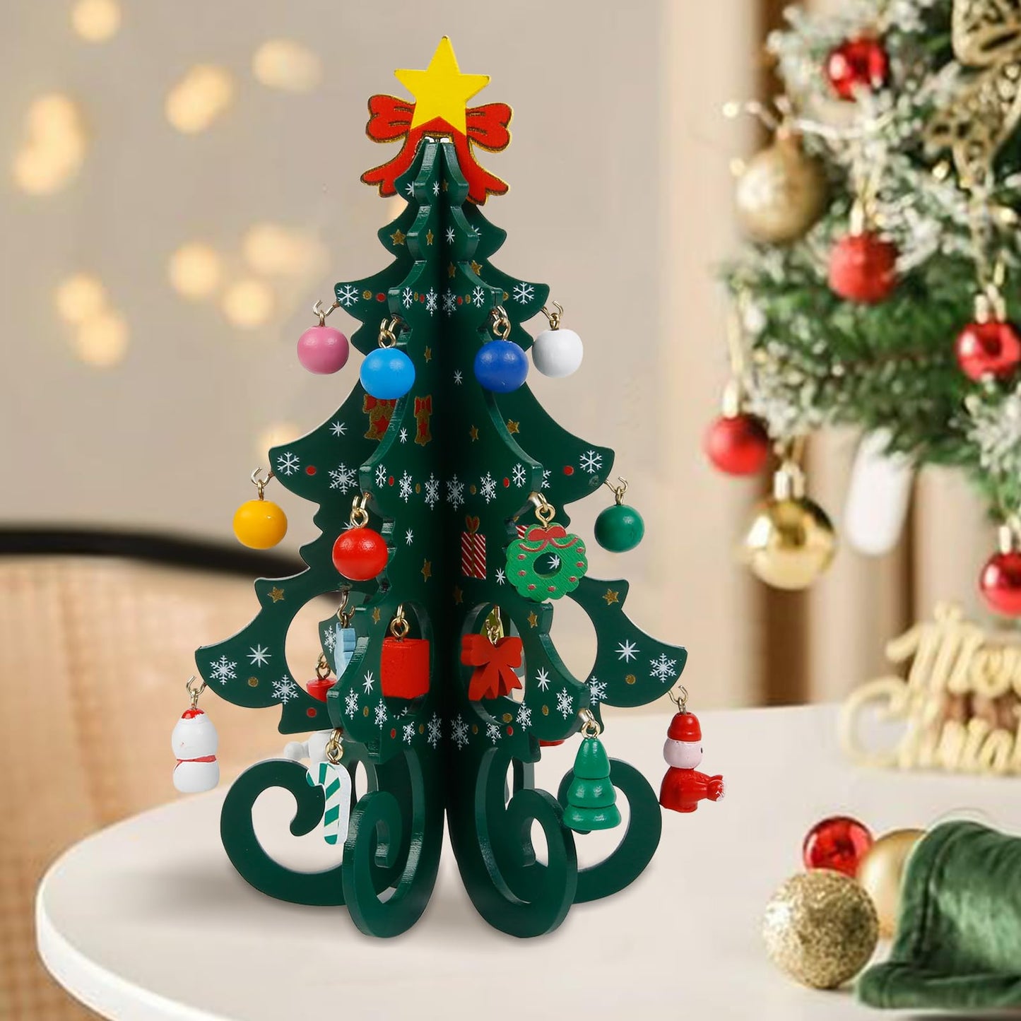TEBIEKOY DIY Mini Wooden Christmas Tree with Ornaments Set, Cute 7 Inch Small Xmas Tree Kit with 24 Hanging Decorations New Year Parties Supplies, Easy Installing Holiday Craft Gift for Families