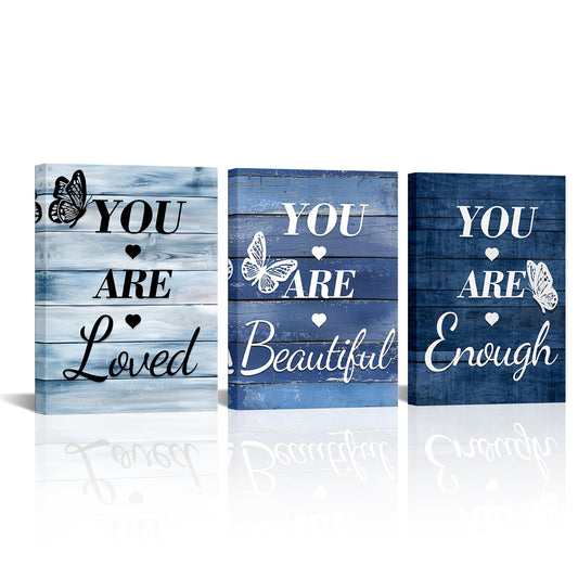 LevvArts Vintage Motivaional Wall Art Rustic You Are Loved You Are Beautiful You Are Enough Wall Decor Inspirational Pictures Canvas Prints Blue Decoration (Blue)
