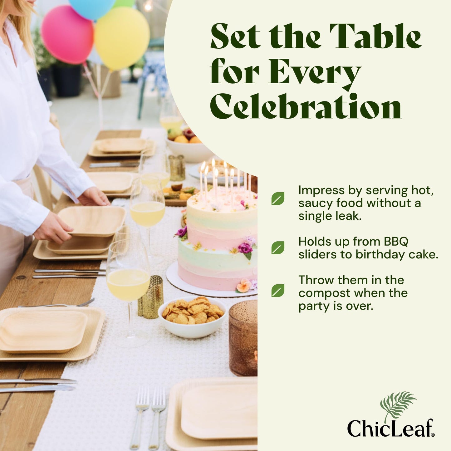 Chic Leaf Palm Leaf Compostable Plates - 6" Square, Pack of 50 - Disposable Dinnerware for your Table, Rustic Bamboo Appetizer Plates - Summer Dinner, Charcuterie Boards & Biodegradable Serviceware