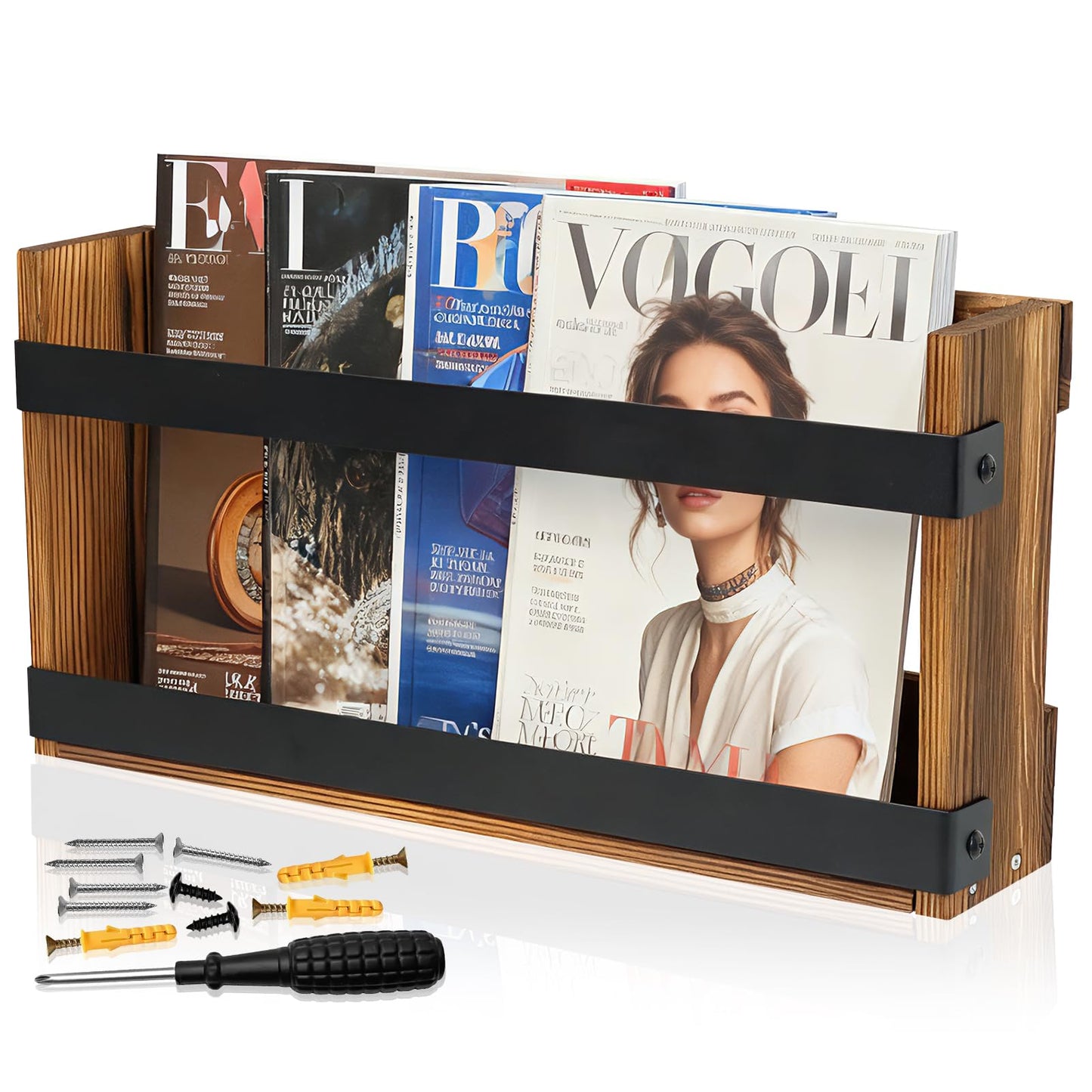 Dojomadf Wood Magazine Rack Wall Mounted & Wall Magazine Rack, Pine Wood Black Metal Wall Magazine Holder for Magazines, Books, Mountable or Freestanding Organizer
