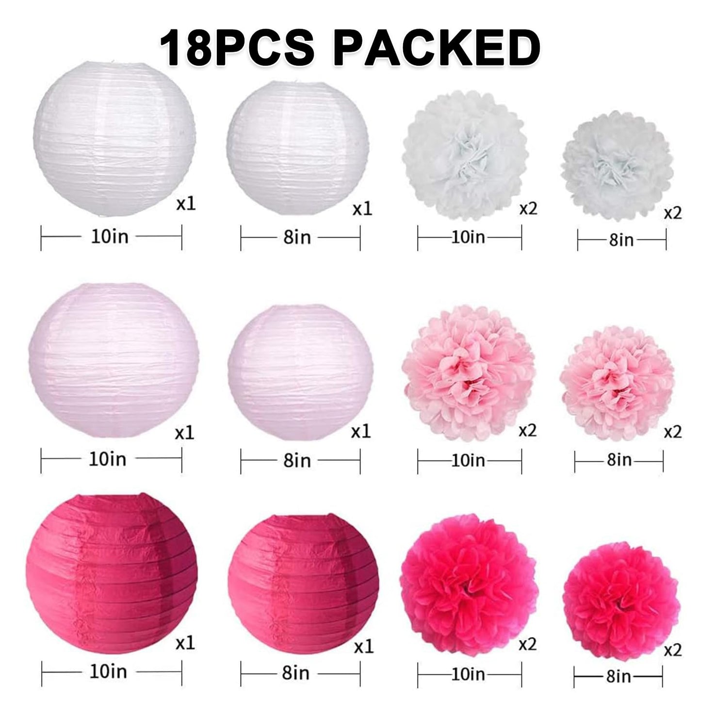 Celehappy Pink Paper Lanterns - Party Decorations Tissue Pom Poms for Weddings Birthdays - 18pcs Hanging Lanterns - Pink/White/Rose