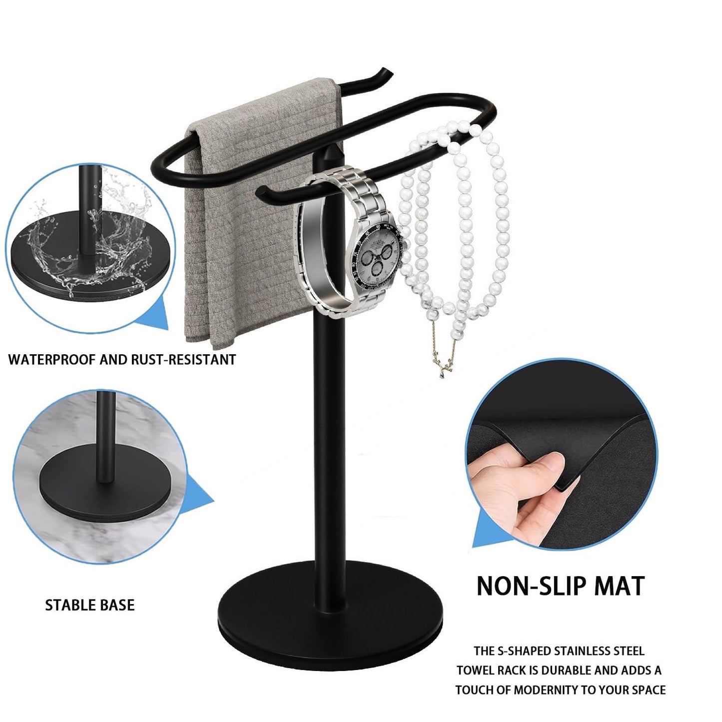 Hand Towel Holder Stand,S-Shaped Free-Standing Towel Rack Black SUS304 Stainless Steel Towel Bar Rack Stand Stand Hand Towel Rack Standing Towel Bar for Bathroom Kitchen Vanity Countertop