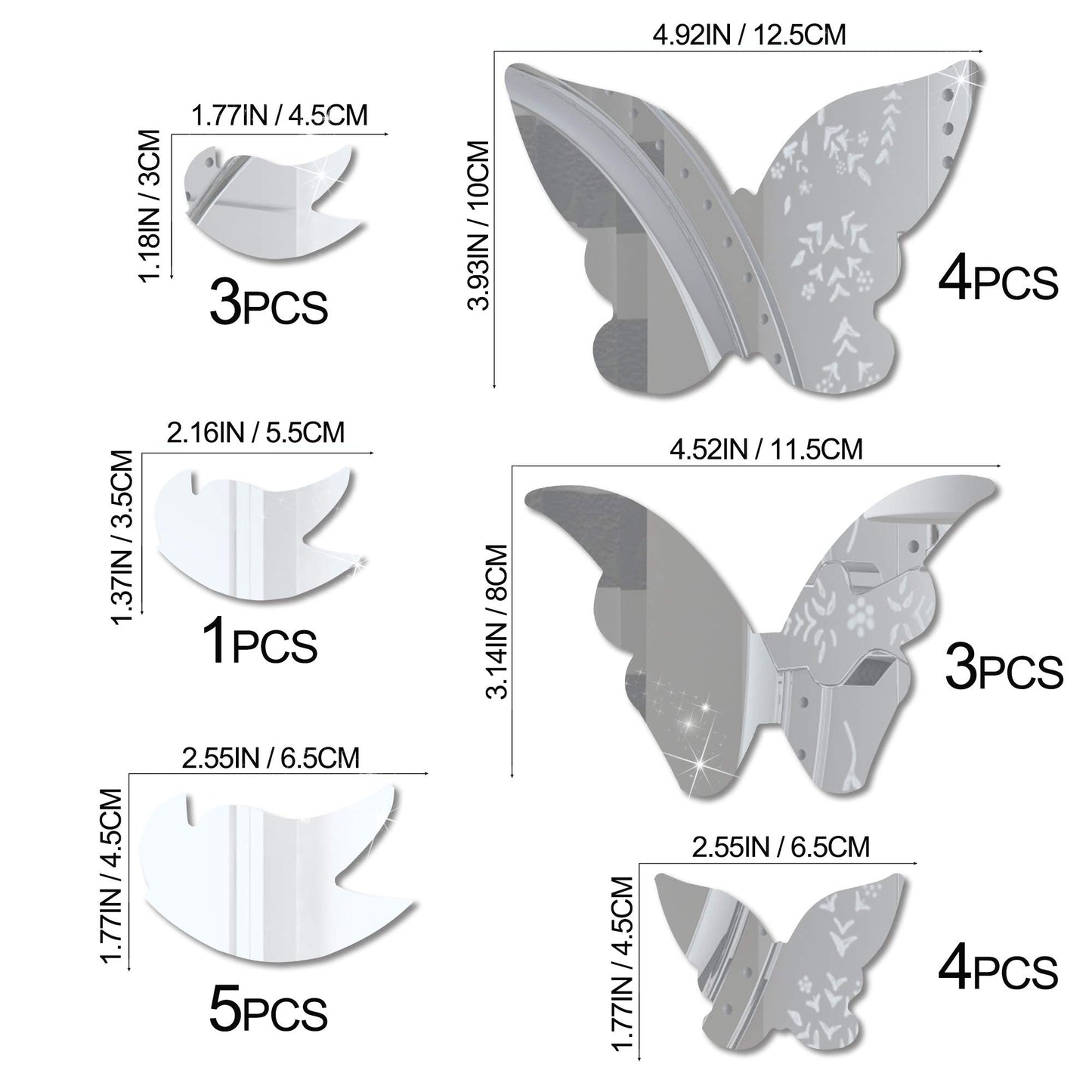 Amaonm 21 PCS Silver Mirror Acrylic Butterfly Wall Decals, 3D Crystal Butterfly Removable Stickers DIY Art Decor for Kids Nursery Bedroom Living Room Bathroom Door Home Wall Mural