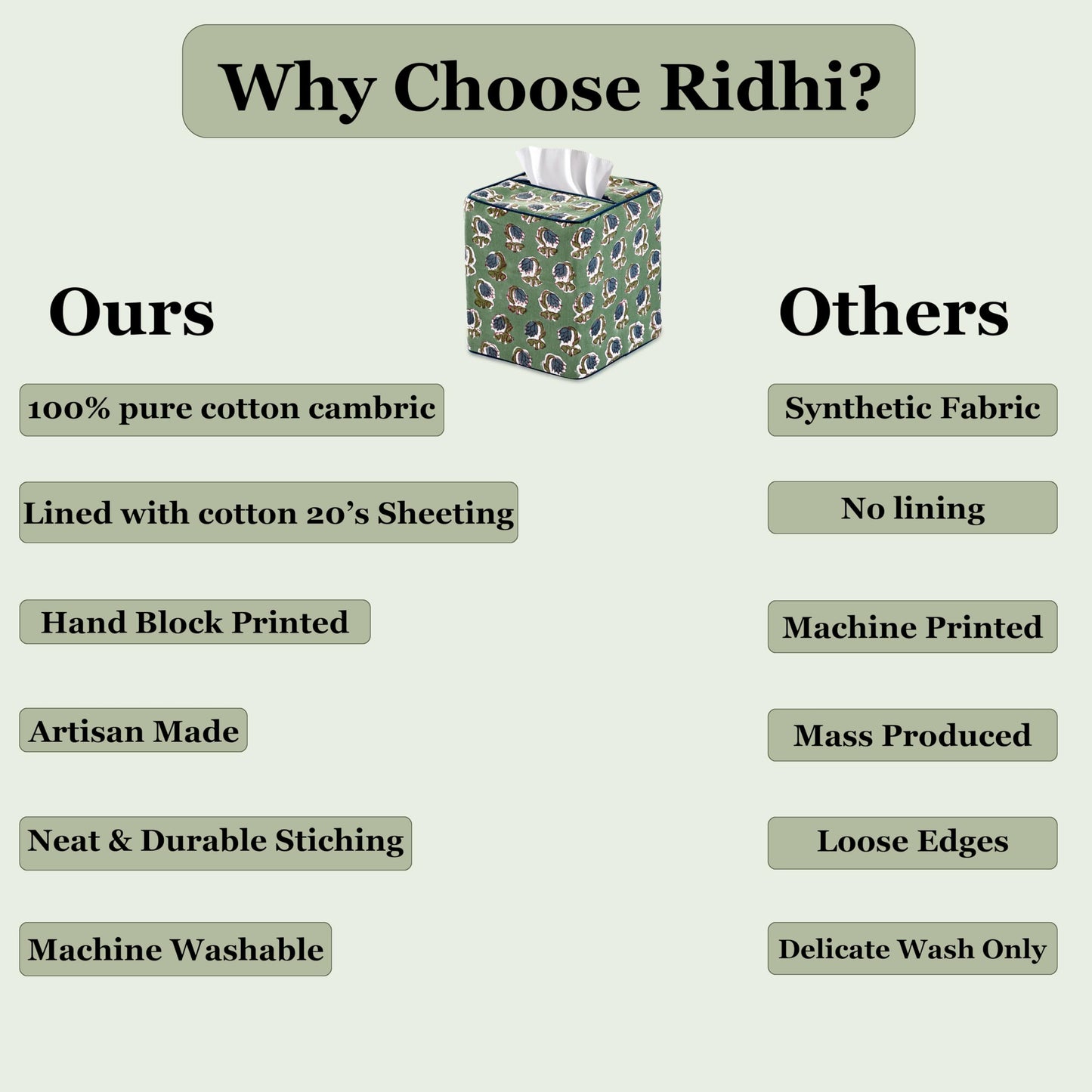 Ridhi Basil Green Block Print Tissue Box Cover Handmade Cotton Fabric Decorative Square Napkin Holder for Home Bedroom Living Room Bathroom Vanity Countertop Car Night Stands Office Kitchen