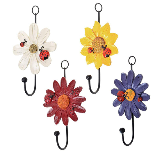 Notakia 4Pcs Resin Daisy Flower Wall Hooks Decoration Hanging Coat Hooks Vintage Art Printing Iron Hook Key Hat Towel Wall Mounts Home Decor