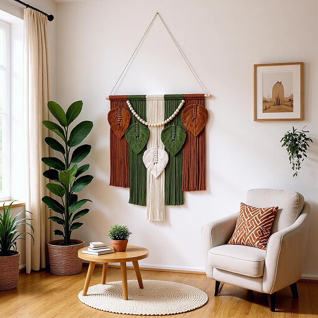 Jditngp Macrame Wall Hanging Boho Leaf Woven Tapestry,Bohemian Chic Home Decor Handmade Leaves Feather Tassel Wooden Bead Pendants Wall Art Decorations for Bedroom Living Room Apartment 23.6"WX43.3"L