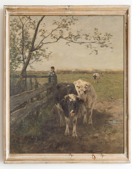 Kizbok Vintage Wall Art Print - Retro Rustic Country Spring Landscape Canvas Oil Painting, Antique Cow Farm Animal Poster for Vintage Room Decor, Cozy Bedroom & Bathroom Decor (8" x 10" - UNFRAMED)