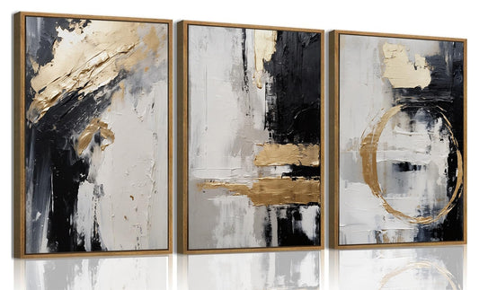 KISSFOX 3 Piece Framed Wall Art Abstract Wall Decor Black Gold Pictures Modern Canvas Art Large Luxury Paintings Artwork For Living Room Bedroom Office