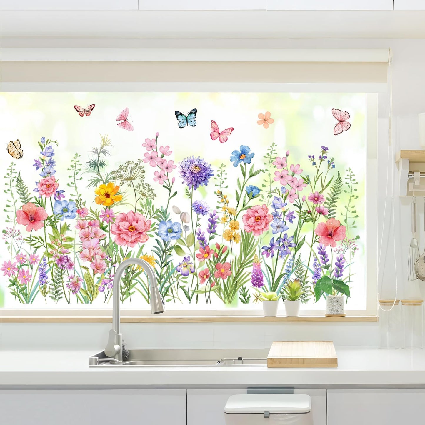 Supzone Colorful Wildflower Static Window Clings Double Sided Spring Summer Flower Butterflies Window Decals Anti-Collision Glass Door Mirror Decals