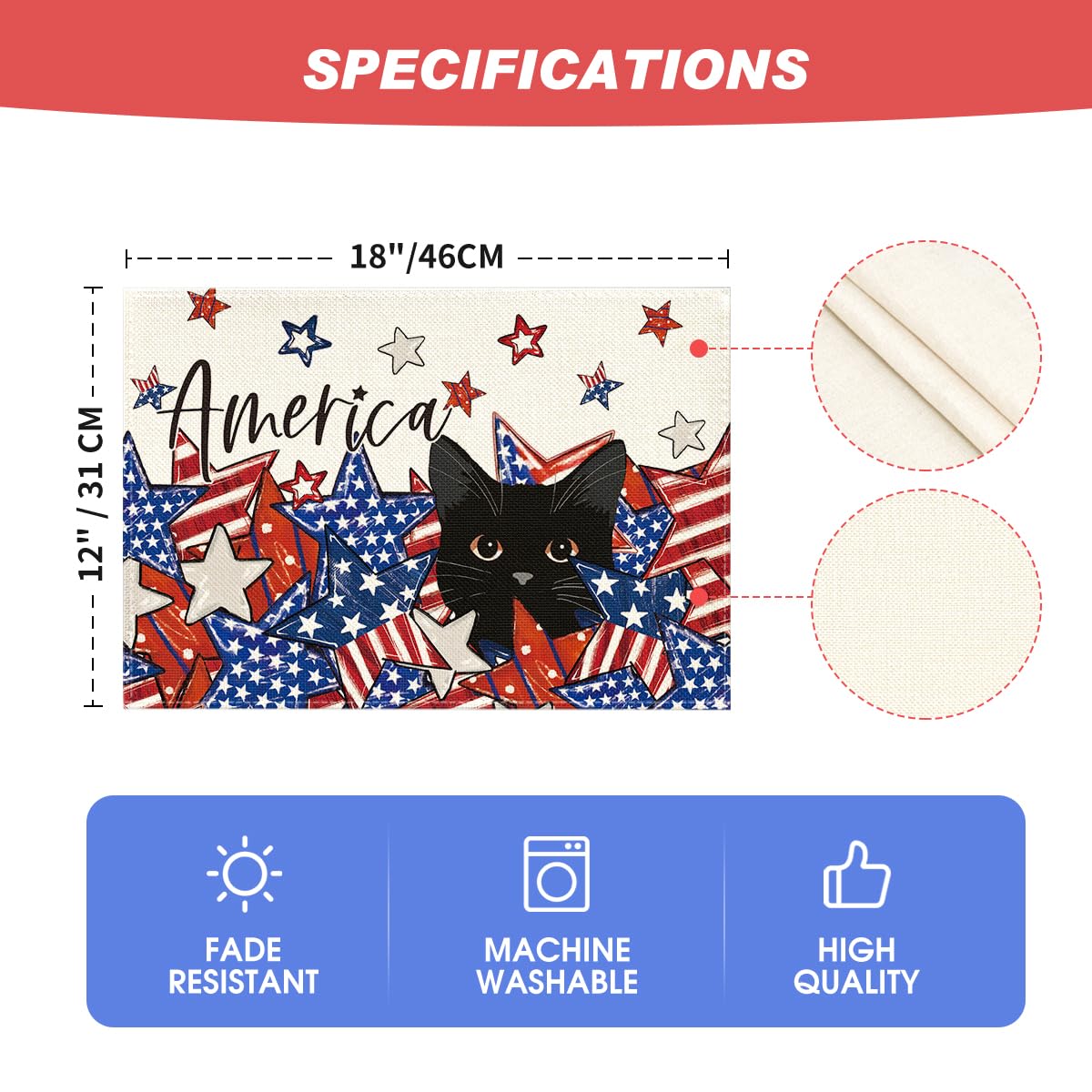 Artoid Mode Stars Black Cat Patriotic 4th of July Placemats Set of 4, 12x18 Inch Memorial Day Holiday Table Mats for Party Kitchen Dining Decoration