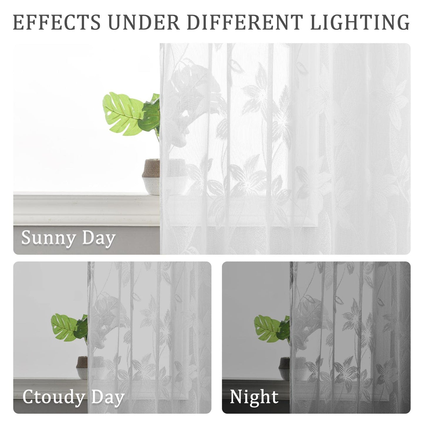 DWCN White Floral Lace Sheer Curtains - Rod Pocket Window Voile Sheer Drapes for Bedroom Kitchen Short Curtains 52 x 45 inch Length, Set of 2 Curtain Panels