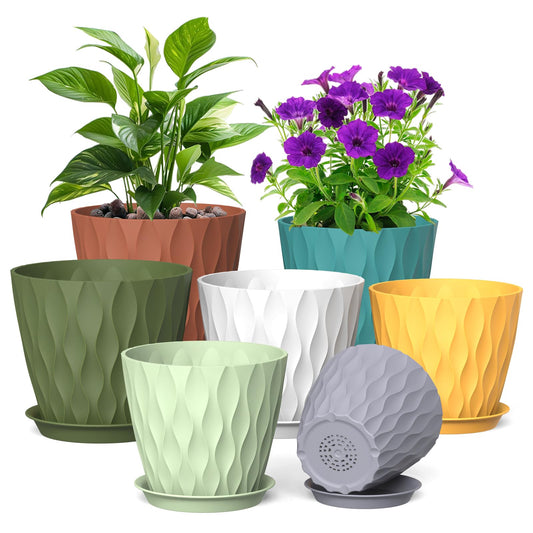 Meowell 7/6.5/6/5.5/5/4.5/4 inch Plant Pots for Indoor Outdoor Plants, 7 Pack Thick Flower Pots with Drainage Holes and Saucers, Modern Wave Texture Small Plastic Planters Nursery Pots, Multicolor