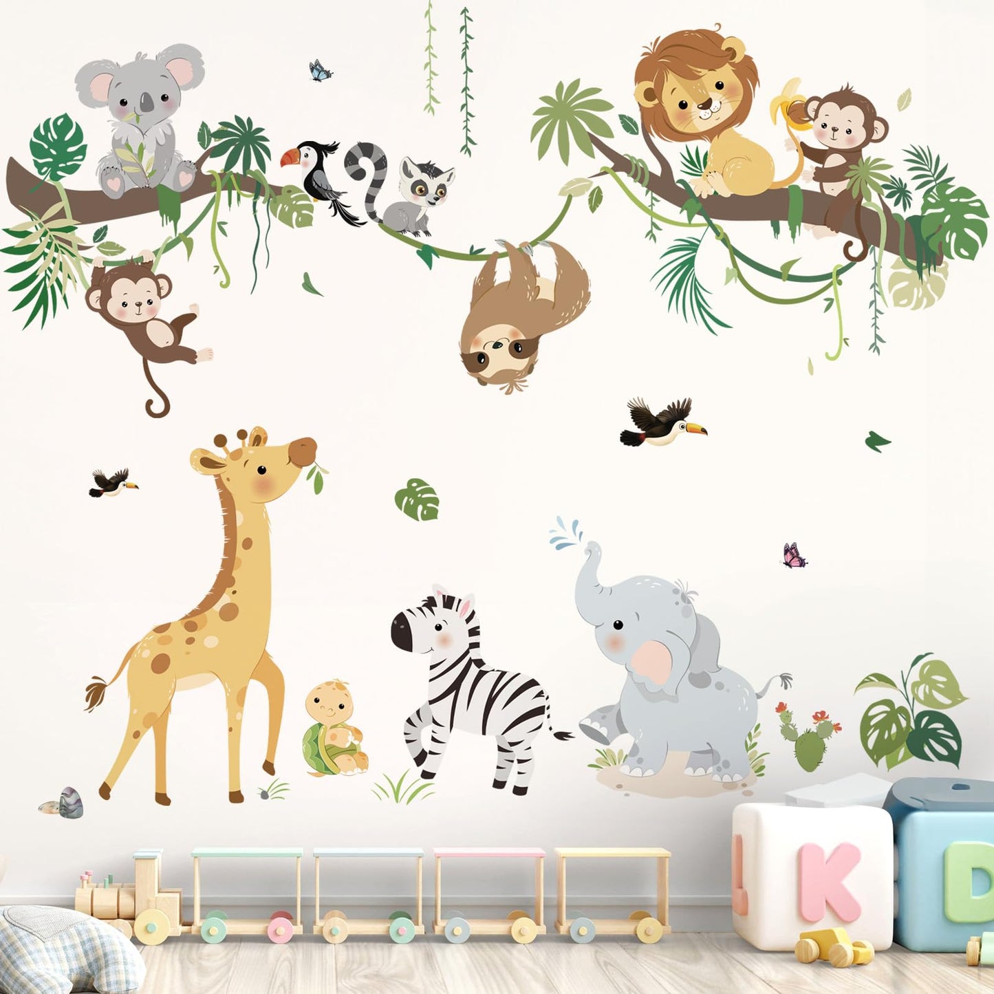 decalmile Jungle Animals Tree Branch Wall Decals Safari Monkey Giraffe Lion Wall Stickers Baby Nursery Kids Room Daycare Wall Decor