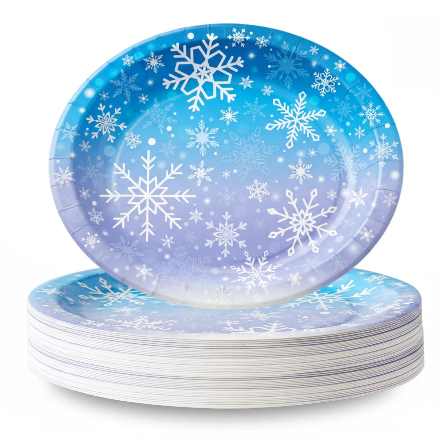 OuMuaMua 50Pcs Large Christmas Paper Plates, 12" Large Purple Blue Snowflake Dinner Plates Heavy Duty Disposable Dinnerware Set for Xmas Winter Wonderland Holiday Party Supplies Kitchen Table Decor