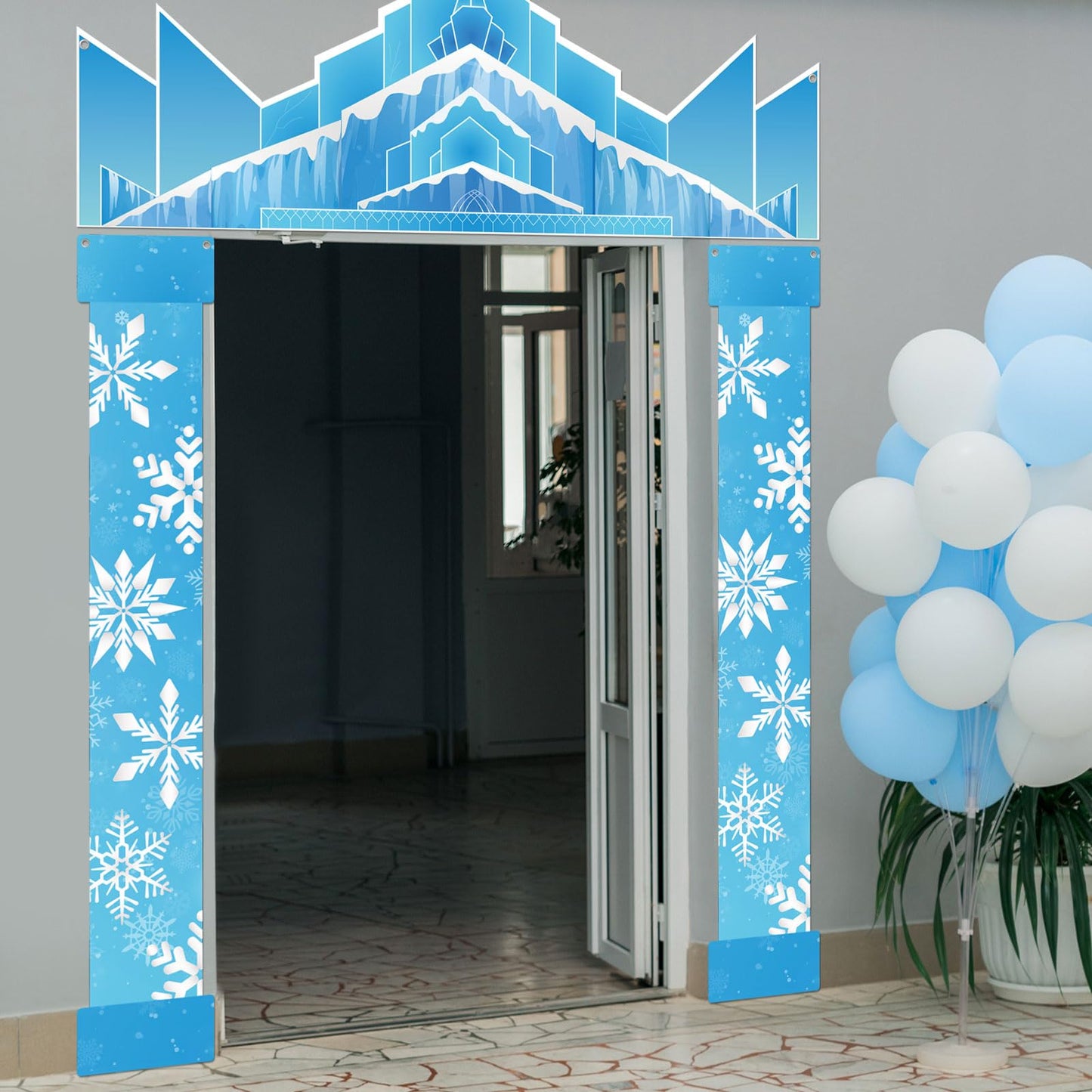 JellyArch Winter Party Door Banner Classroom Door Cover Snow Wonderland Porch Decor Winter Birthday Decorations Photography Backdrop for Holiday Christmas Snowflake Party(Castle)