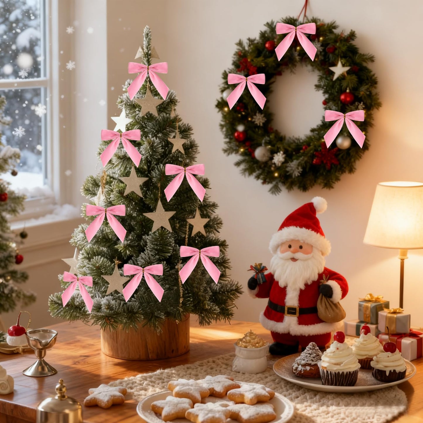 CCILAND 24 Pcs Pink Small Velvet Bows for Christmas Tree, 3.54 Inch Mini Christmas Bows for Gift Wrapping, Twist Tie Velvet Bows Xmas Ornaments for Wreath, Crafts, Party, Wedding