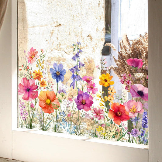 Mirabuy Colorful Flower Garden Window Clings, Wildflower Grass Lily Peony Poppy Floral Window Decals