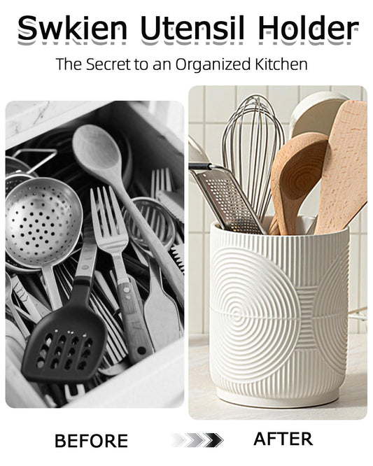 Swkien Utensil Holder, 7.2" Kitchen Utensil Holder for Counter, 2-in-1 Ceramic Cooking Utensils Holders with Spoon Rest, Utensil Crock for Spatula, Ideal Housewarming Gift (White)