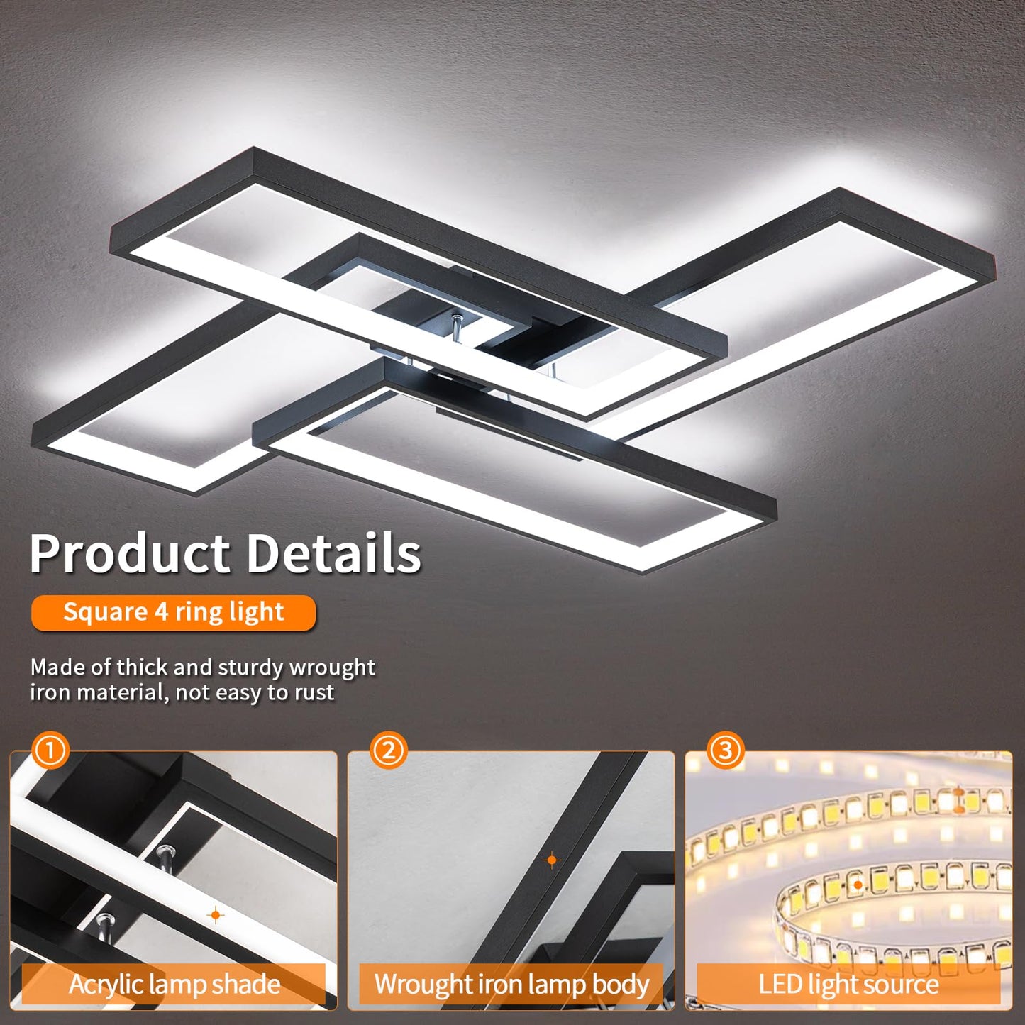 Shine LUEST Modern LED Ceiling Lights for Bedroom 26" Dimmable Square Ceiling Lights for Living Room with Remote Control Black Bedroom Light Fixture for Kitchen,Bathroom,Balcony