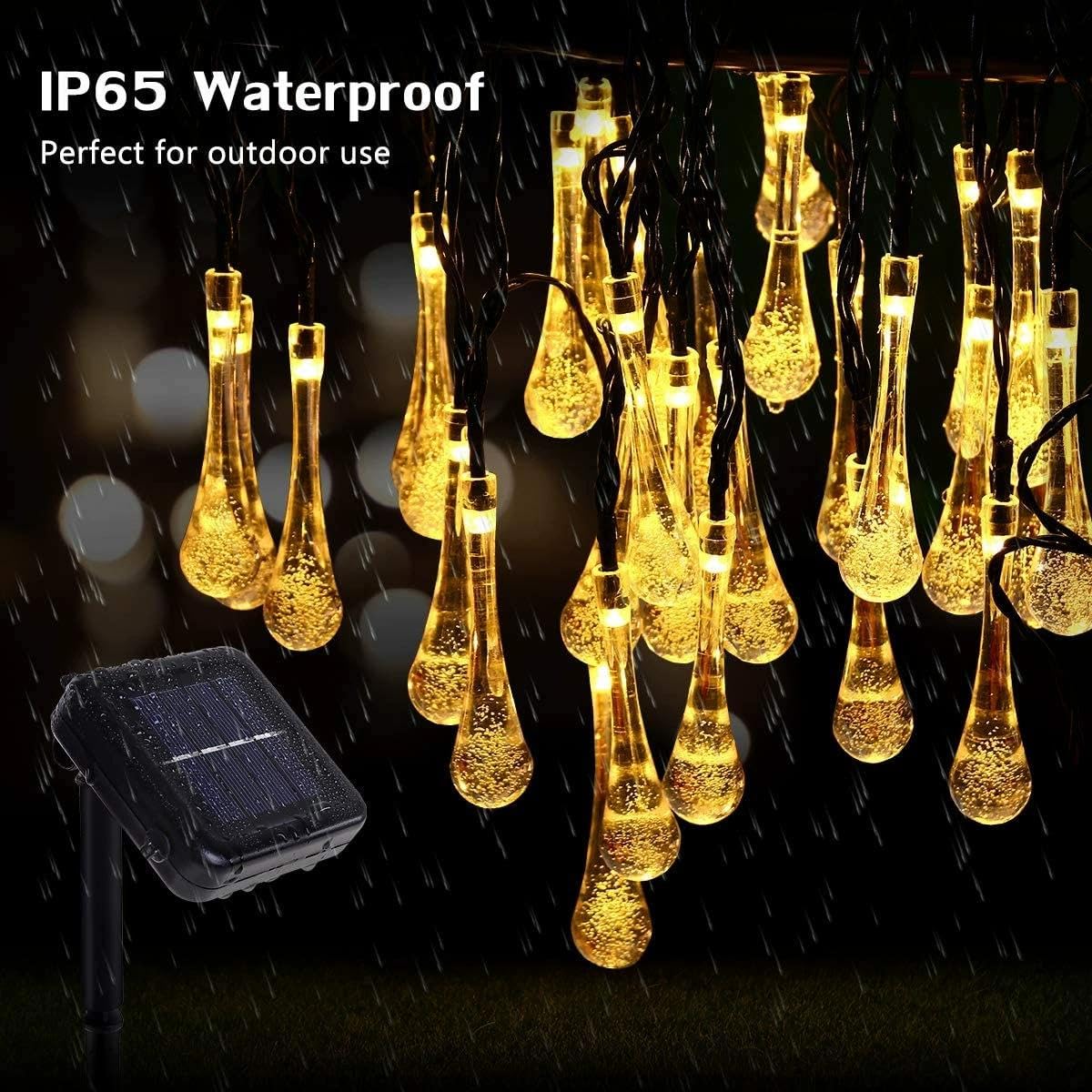 EONSMN Solar String Lights Outdoor Waterproof 19.6 Feet 30LED 8 Functions,Teardrop Water Drop Solar Lights, Garden Terrace Patio Tree Party Christmas Decoration (Warm White)
