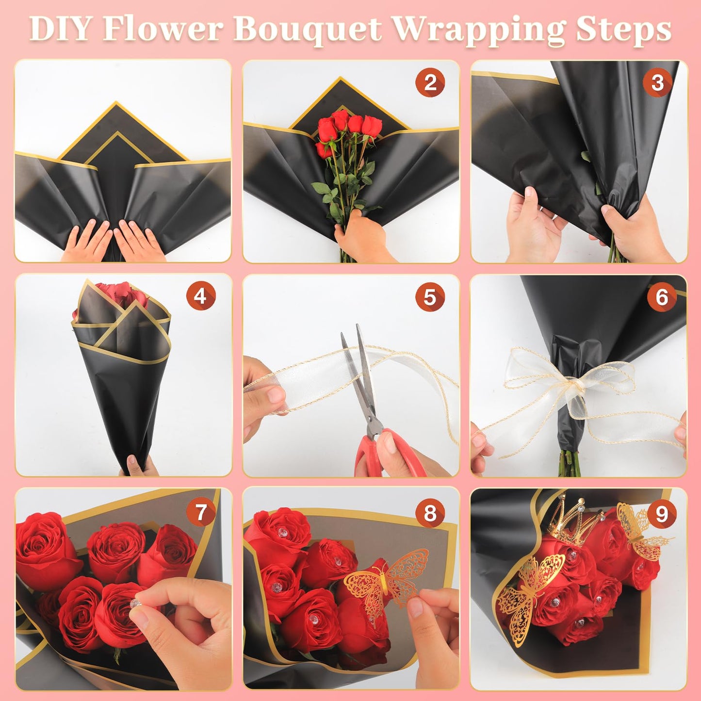 BESUPERT 52Pcs Flower Bouquet Wrapping Paper Kit, 20 Sheets Black Waterproof Floral Wrapping Paper, 1 Letter 1 Rhinestone Sticker, 12 Gold 12 Pink Butterflies, 5 Cards, 1 Black Ribbon (Gold Edge)