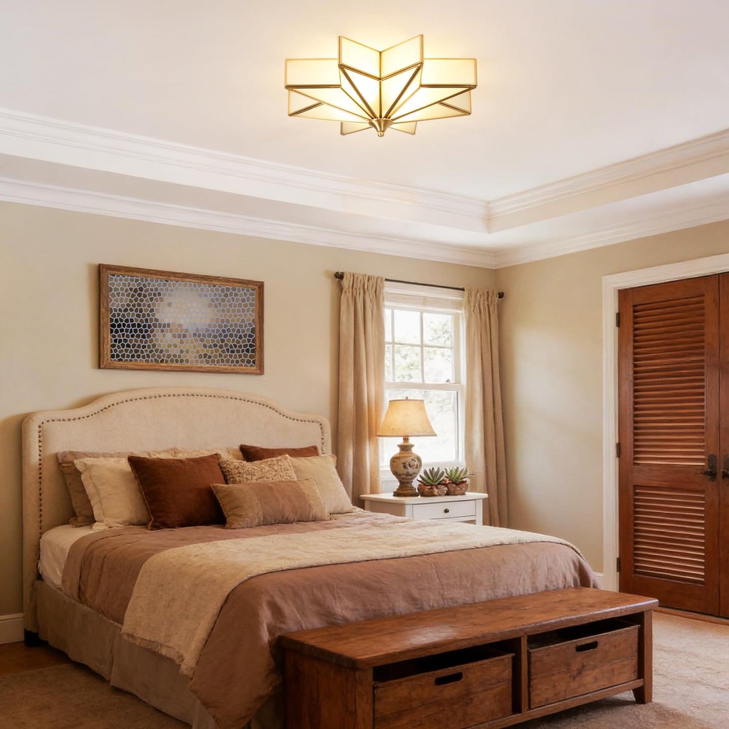 Aeyee Star Glass Ceiling Light with Ceramic Light Socket Brass Flush Mount Ceiling Light Fixture with Frosted Glass Shade Mid Century Moravian Star Light for Bedroom Foyer Living Room (19.7")