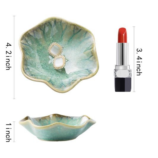 QNMUSUNC Ceramic Ring Dish, Jewelry Dish Holder, Small Trinket Tray Plate for Earrings Rings Necklaces Keys, for Mom Friend Sister, Retro Green