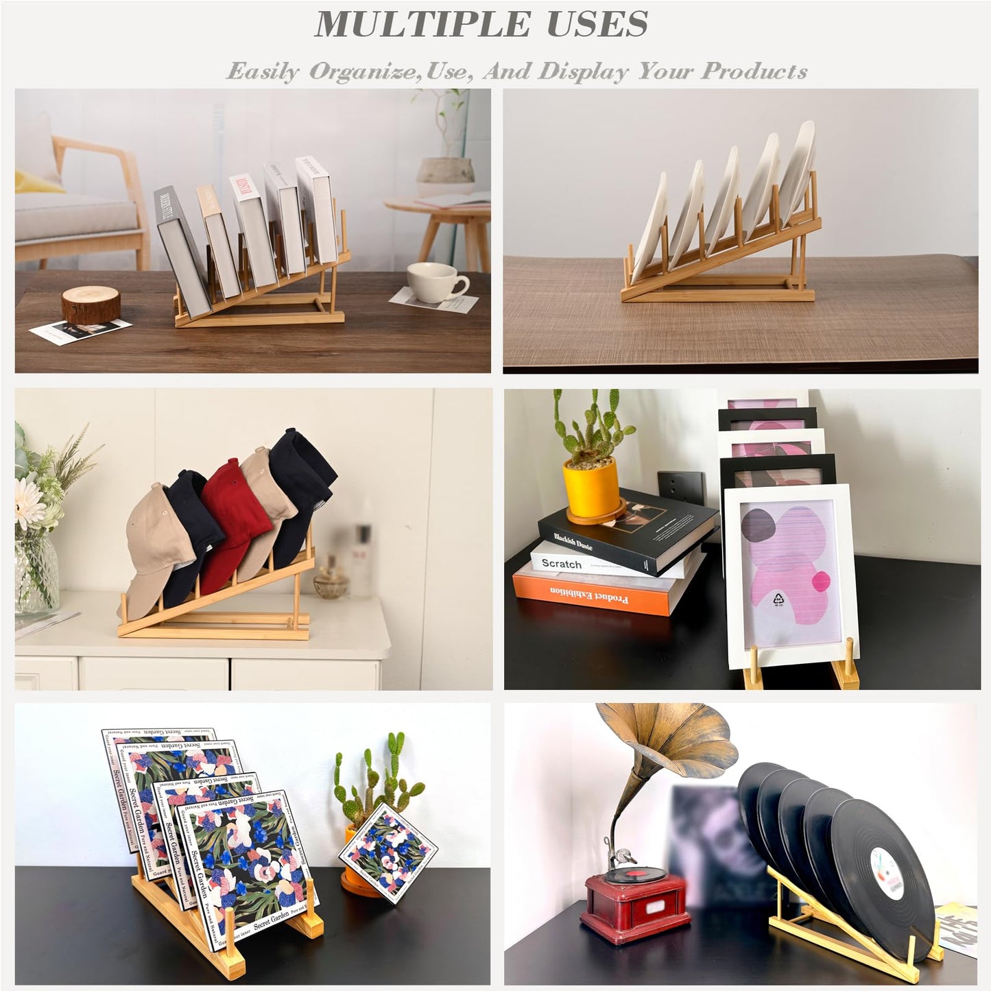 SRYESA 5 Pack Plate Stands For Display,Wooden Multi Plate Holder Cabinet Organizer, 5-Tier Craft Show Vendor Counter Display Rack For Tabletop Book, Art prints, and Platter
