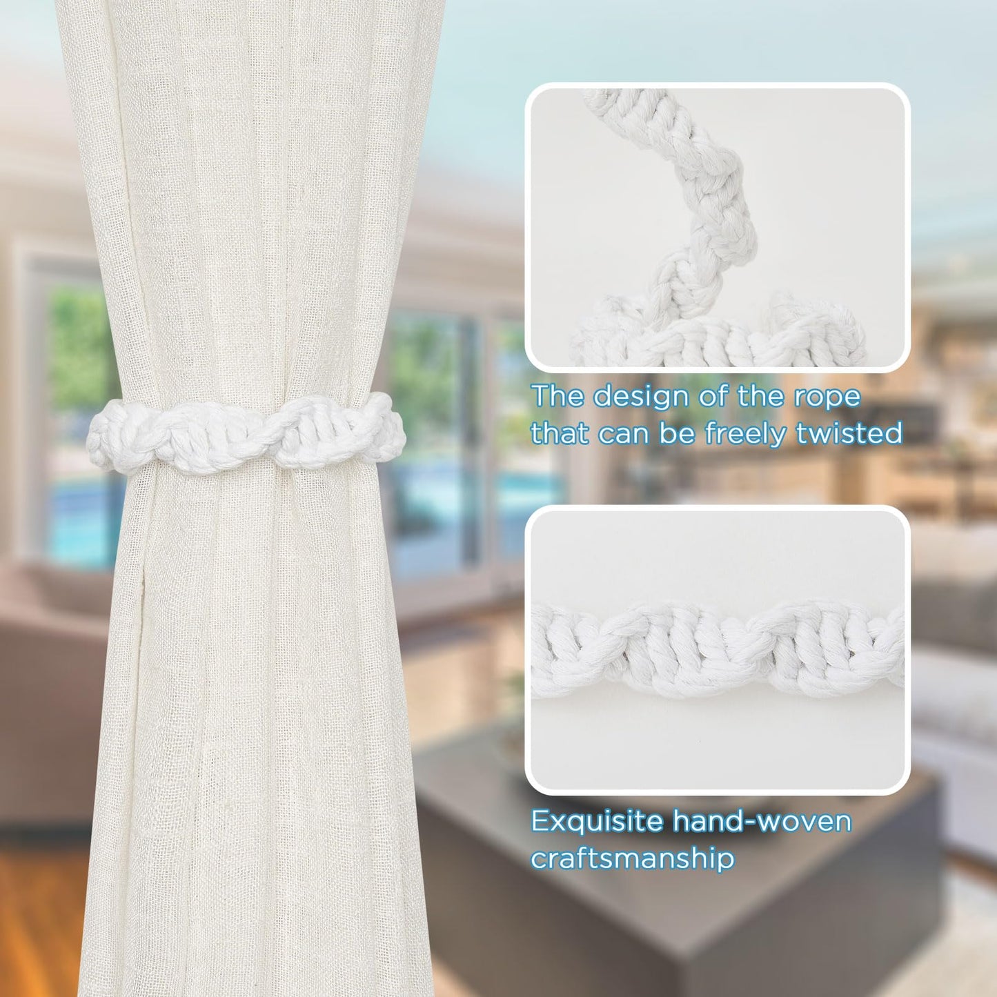 NICEEC 2 Pack Natural Cotton Rope Curtain Tiebacks Farmhouse Rustic Style Decorative Drape Tie Backs Spiral Braided Curtain Holdbacks for Home & Office Sheer/Light Weight Drapery (C-White)