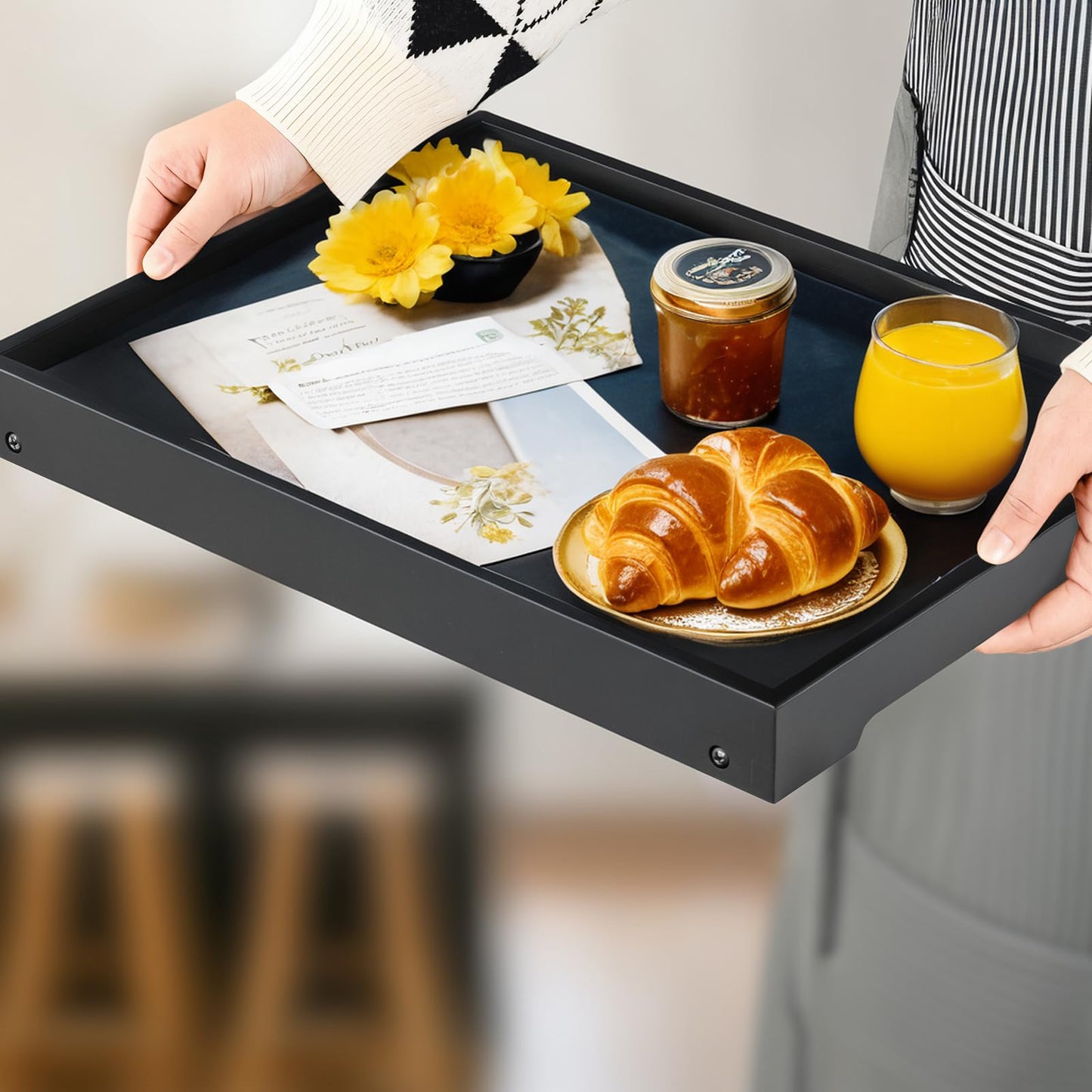 Bamboo Bed Tray Table with Folding Leg, Breakfast in Bed Tray for Eating,Kitchen Serving,Food, Sofa, Snacking or Working, Laptop Desk Dinner(1, Black)