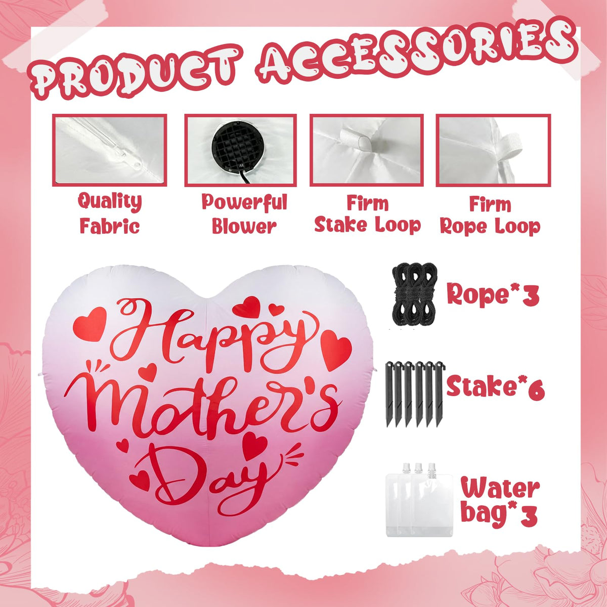 6.5FT Inflatable Happy Mother's Day Decorations, Father's Day Inflatable Double Side Decorations, Giant Hearts Built-in LED Lighted Blow Up Decoration Home Yard Outdoor Indoor Decor