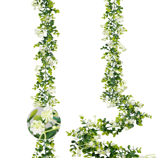 HIAGROW 6FT Eucalyptus Garland with Flowers, 2 Pack Artificial Greenery Garland Hanging Spring Eucalyptus Garland Suitable for Table Wedding Backdrop Arch Wall Party UV Protected Indoor Outdoor Decor