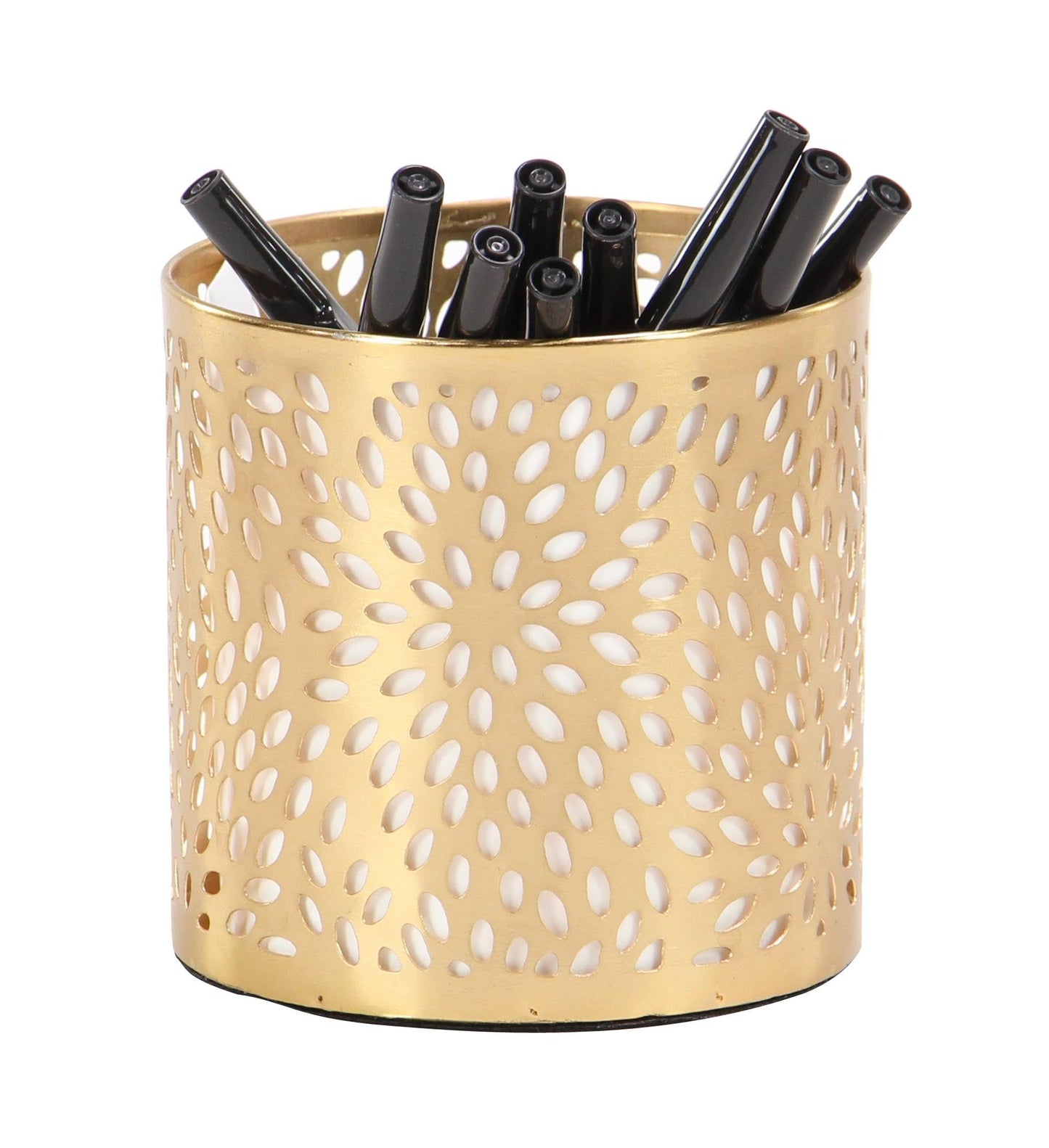 Deco 79 Metal Cylinder Pencil Cup with Laser Carved Floral Design, 4" x 4" x 4", Gold